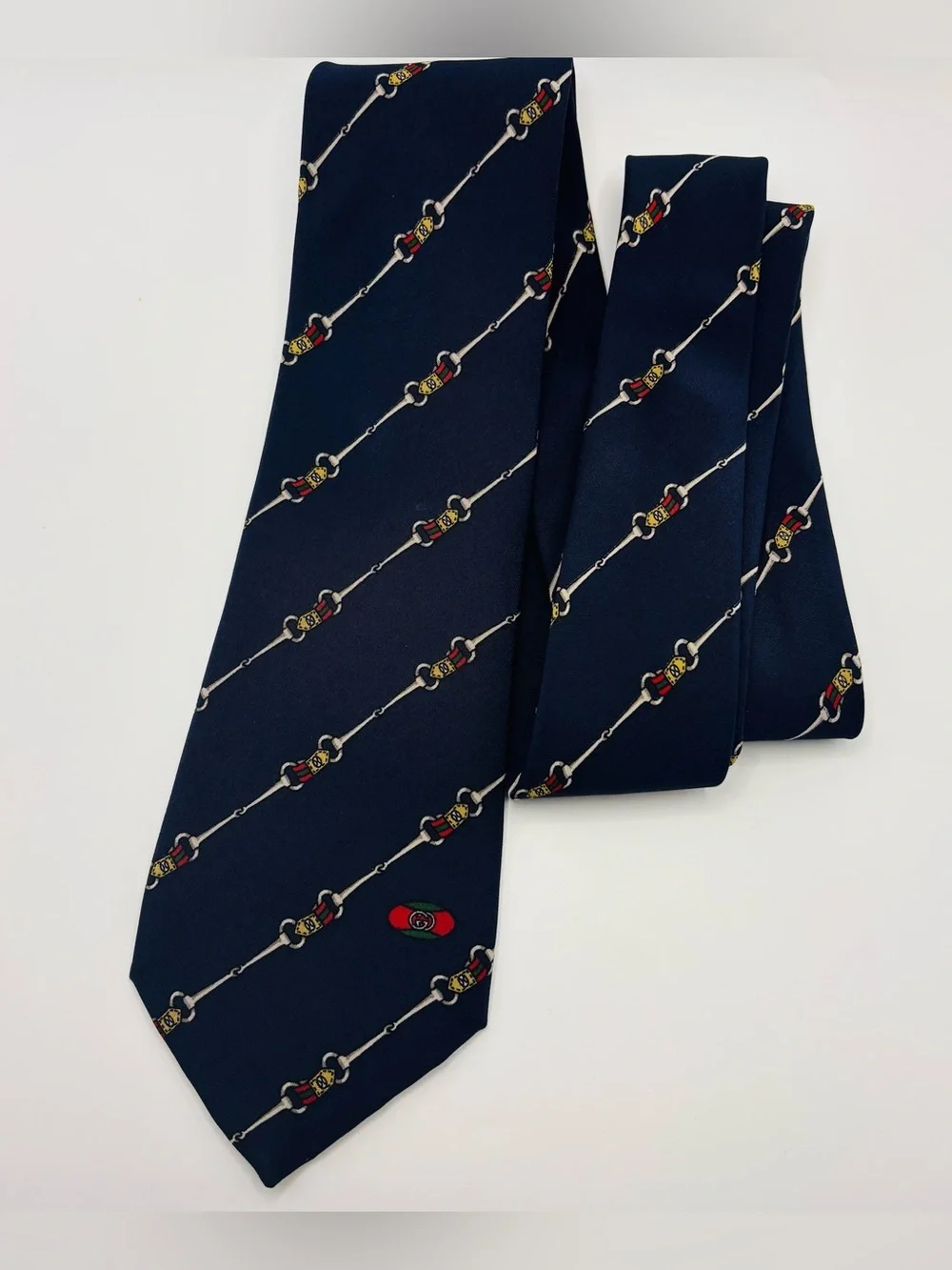 Vintage Gucci Horsebit Silk Tie Navy Equestrian Made in Italy 80s 90s